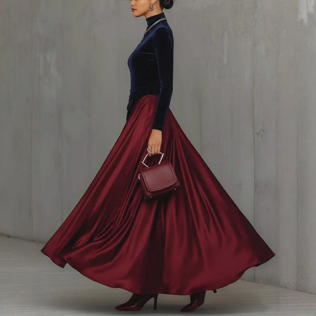 Vestido elegante de primavera con cuello alto, costuras de terciopelo y dobladillo grande tipo paraguas.