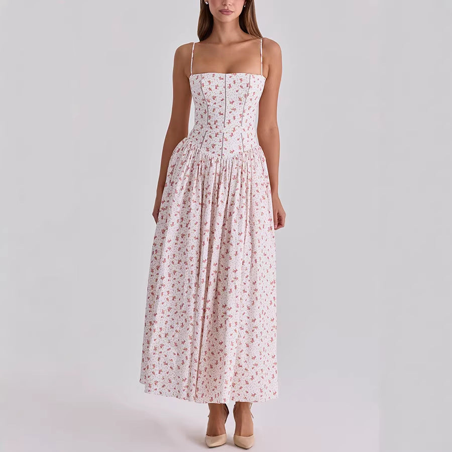Spring Summer Printed Zipper Strap Dress Casual Holiday Dress
