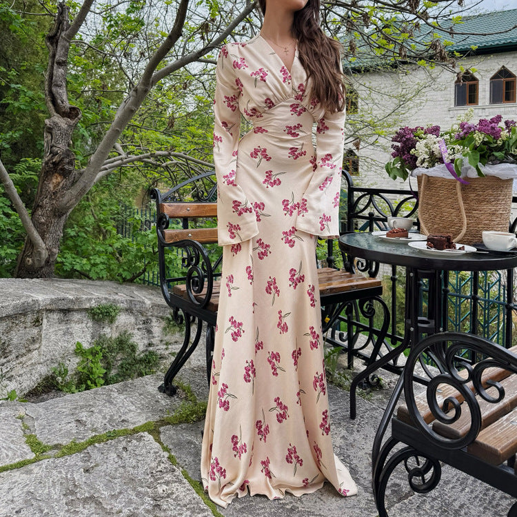 Robe élégante en satin imprimé, col V, manches longues et lacets, collection printemps-automne pour femme.
