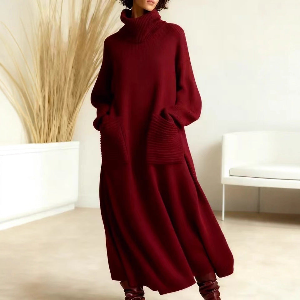 Vestido de lana de cuello alto Abrigo de lana holgado