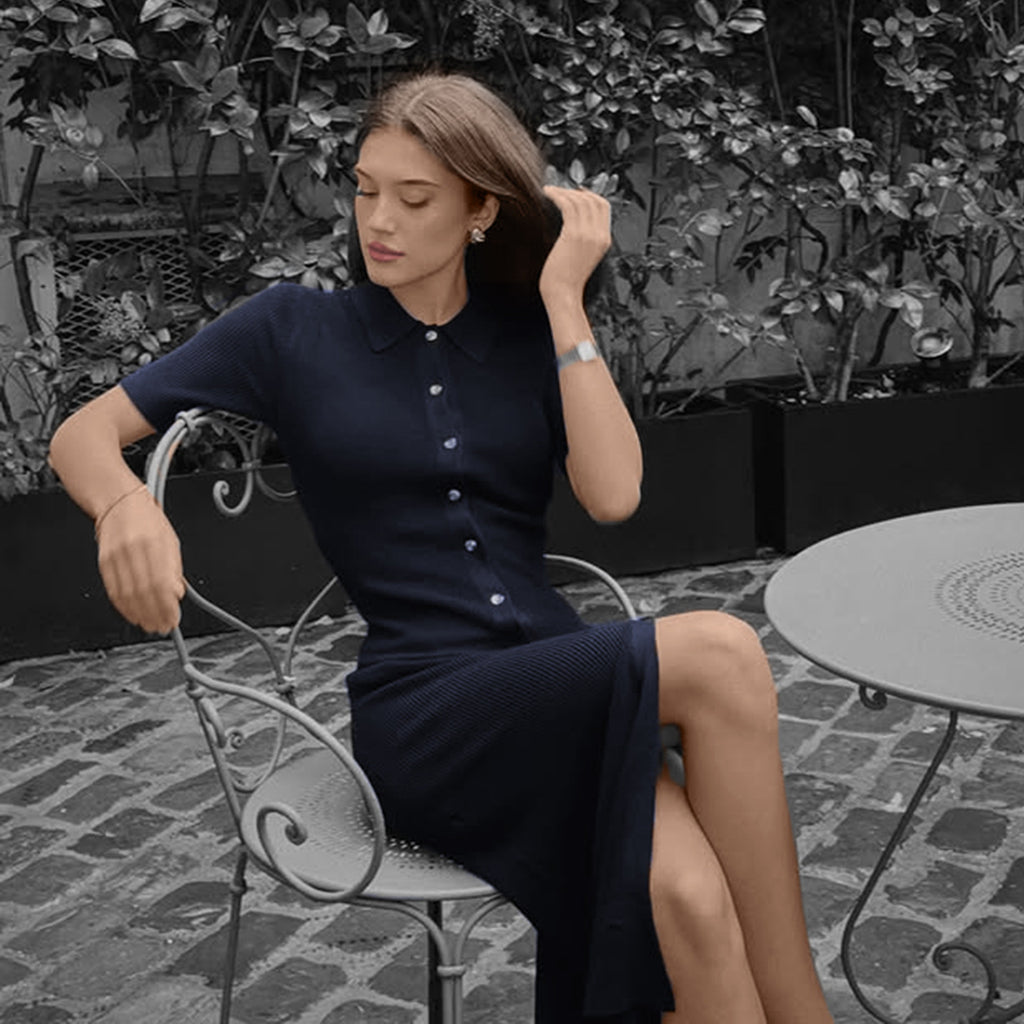Vestido elegante básico de punto de color liso con cuello polo y manga corta para mujer