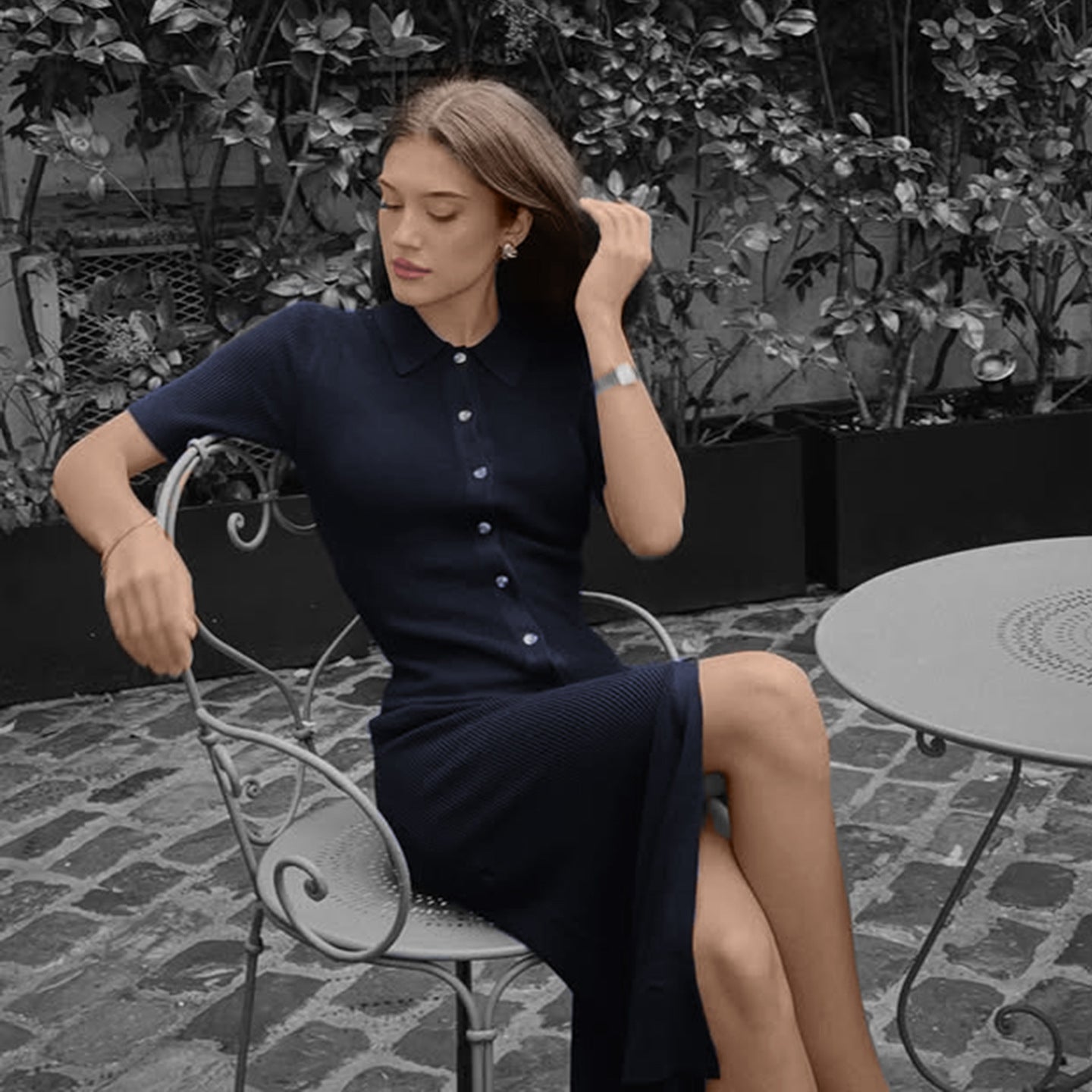 Vestido elegante básico de punto de color liso con cuello polo y manga corta para mujer