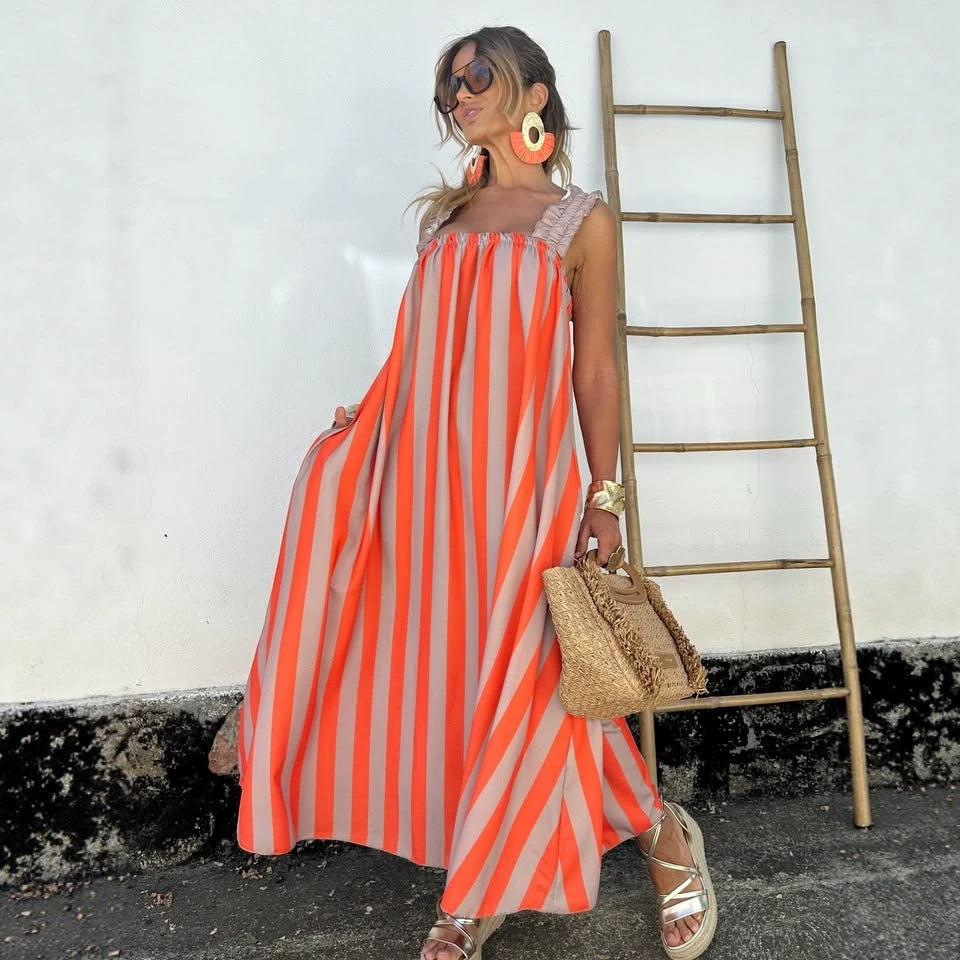 Striped Print Loose A Hem Color Matching Sling Maxi Dress