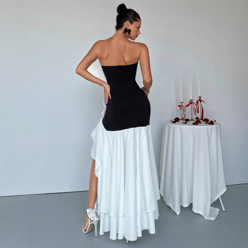 Robe élégante et sexy noire à bustier asymétrique en dentelle