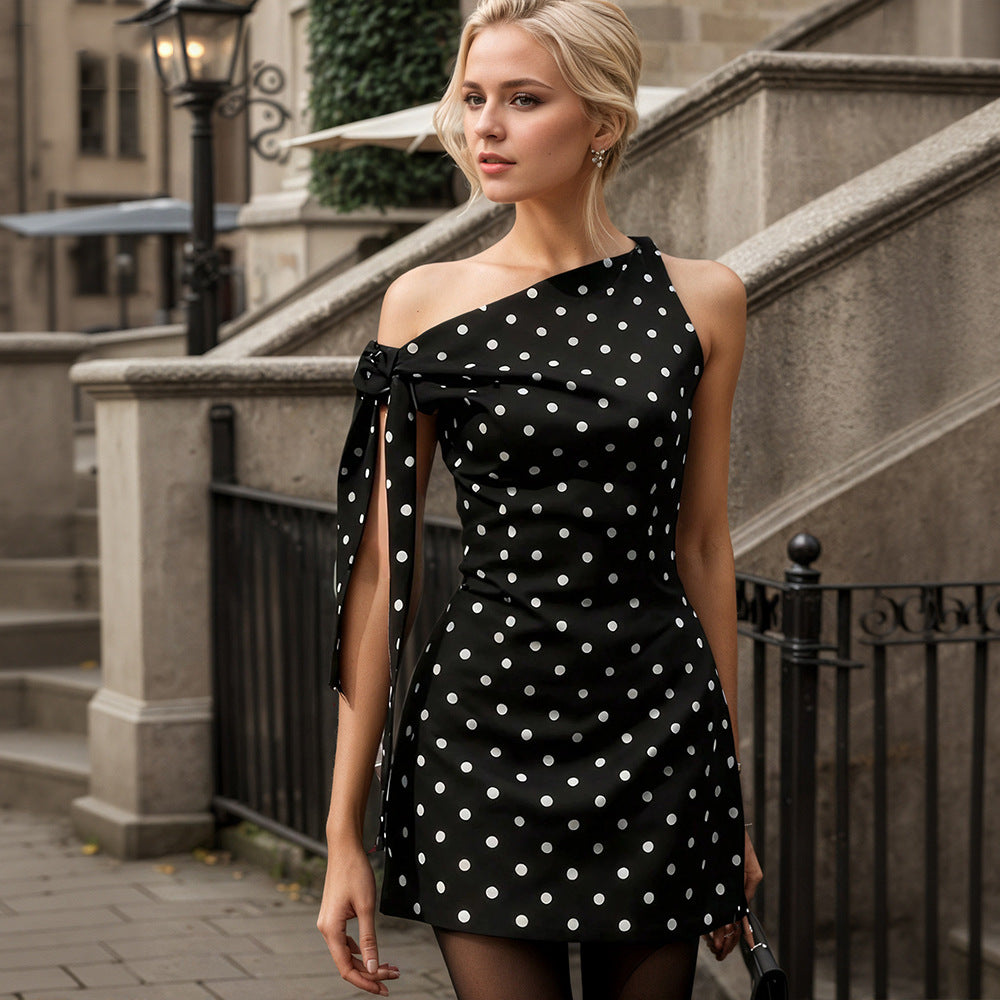Vestido corto de verano para mujer, estilo retro, sin mangas, ajustado, con encaje en un lado y hombros descubiertos