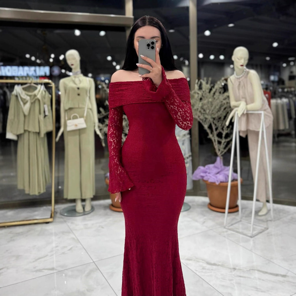 Women Maxi Dress off Shoulder Sexy Lace Long Sleeve Dress