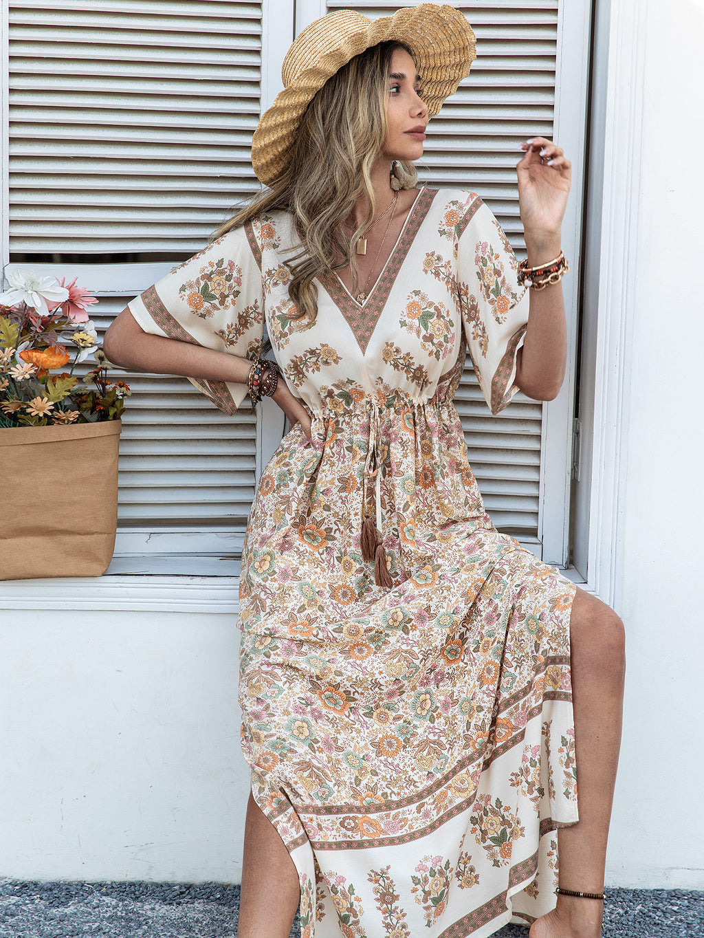 Women Bohemian Beige Printed Dress Long Tassel