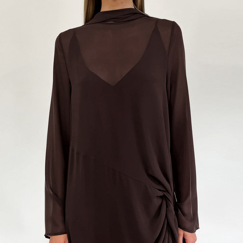 Spring Summer Arrival Mesh See through round Neck Long Sleeve Lace up Bow Split Dress Women