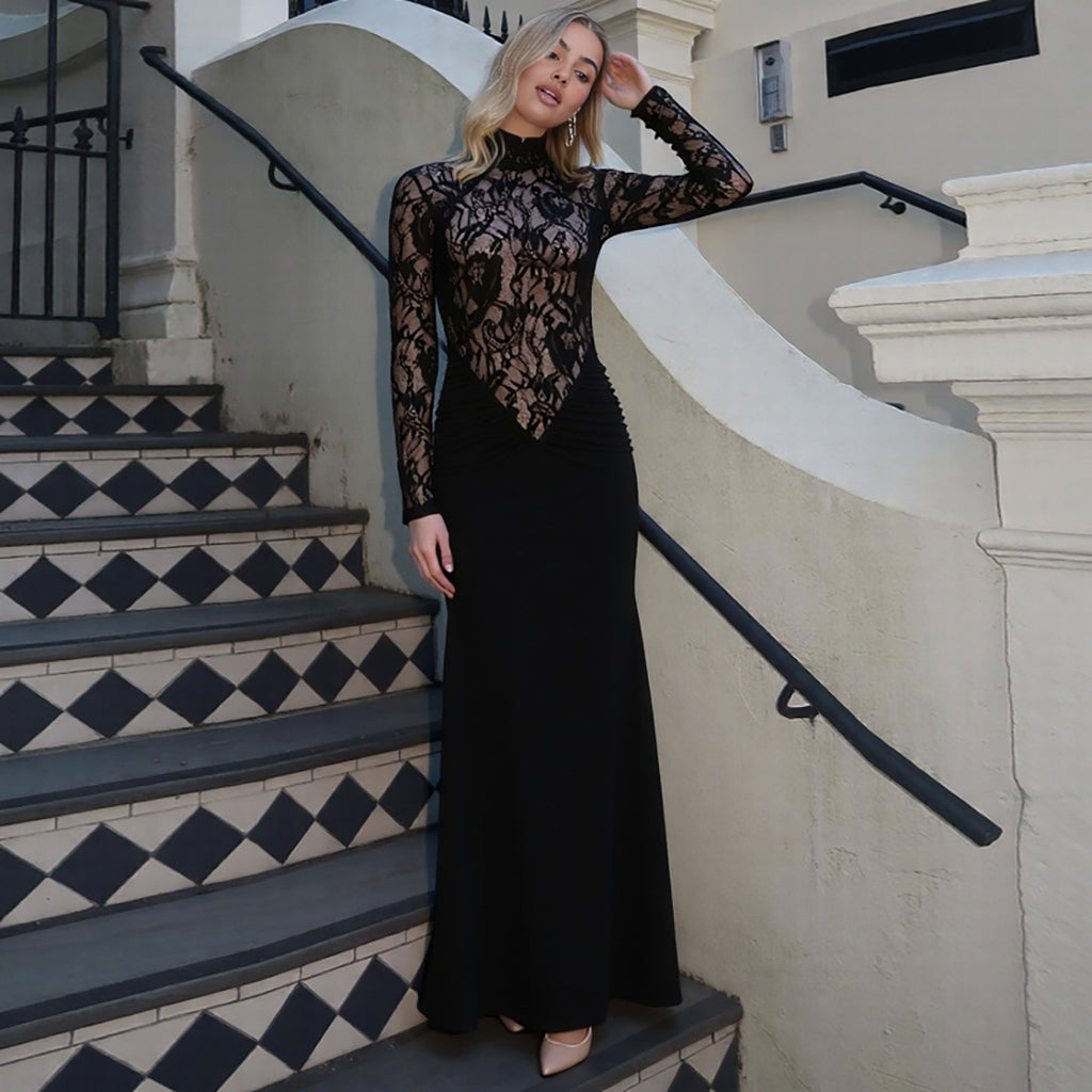 Robe élégante automne-hiver pour femme, col montant, décolleté sexy, dentelle transparente, coupe ajustée, manches longues.