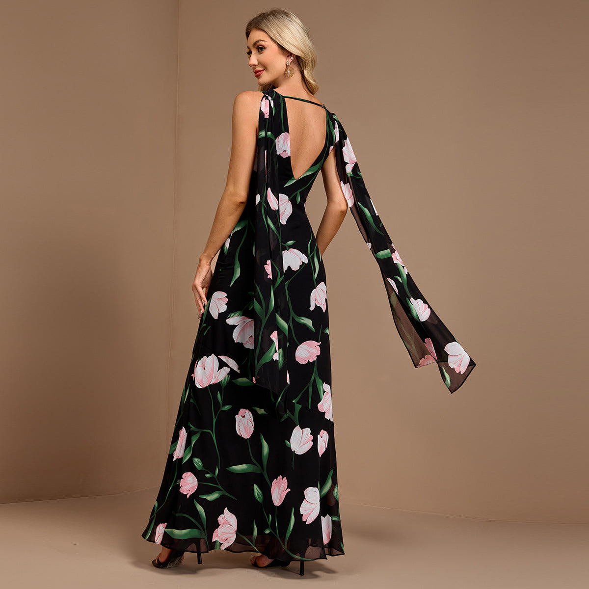 Vestido veraniego sin mangas con estampado, espalda en V grande, cuello redondo, corte en A, acampanado, con cinta, para mujer