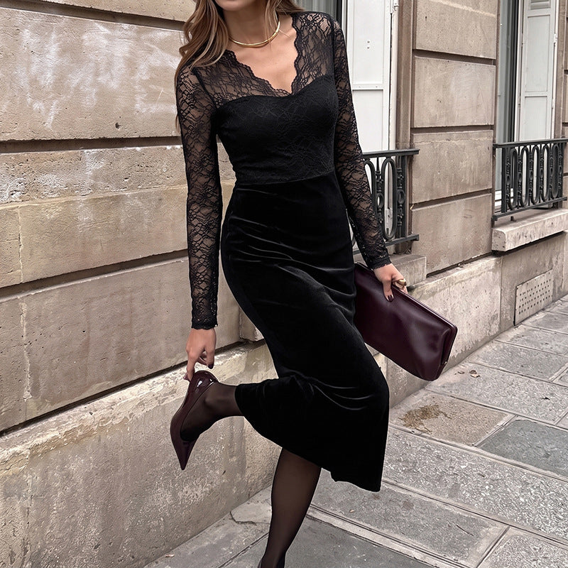 Autumn High Grade Slim Fitting Patchwork Lace Long Sleeve Velvet Black Dress Women Clothing