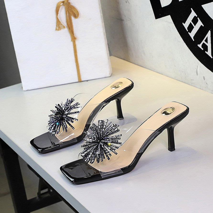 Rhinestone Fireworks Square Toe Open Toe Slippers Women Transparent Slip on Stiletto Heel Outdoor Slippers