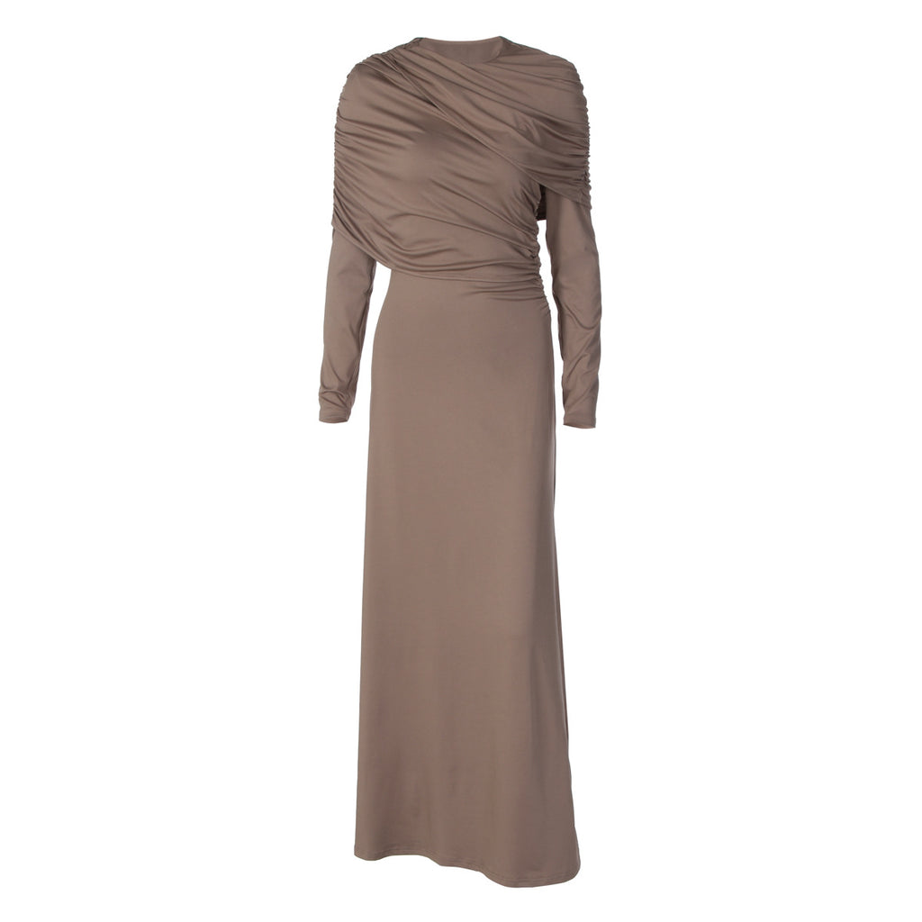Women Clothing Autumn Fashionable Elegant Slim Fit Crumpled Irregular Asymmetric Solid Color Long Sleeved Dress