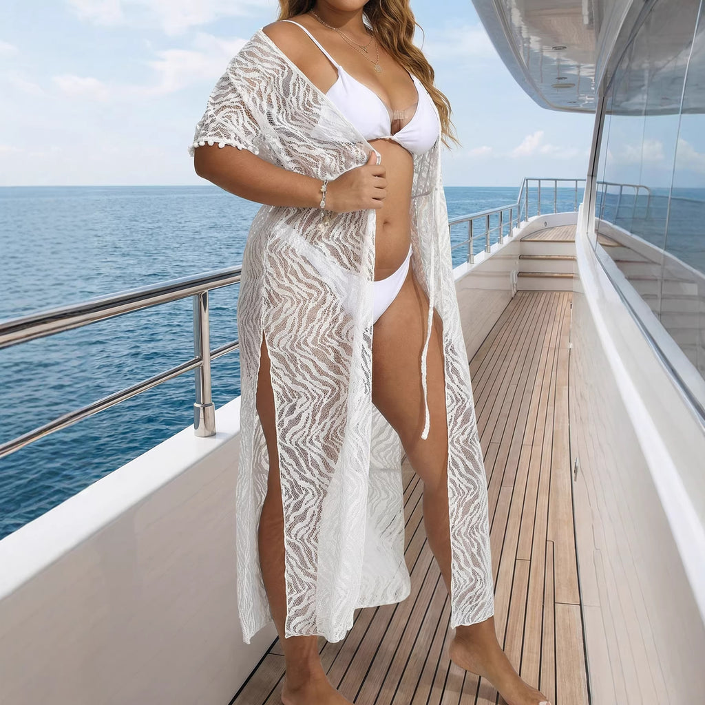 Abrigo de mujer Ropa de mujer Sexy Escote en V profundo Transparente Encaje Recortar la cintura Encaje Playa Cubrir la playa Dividir