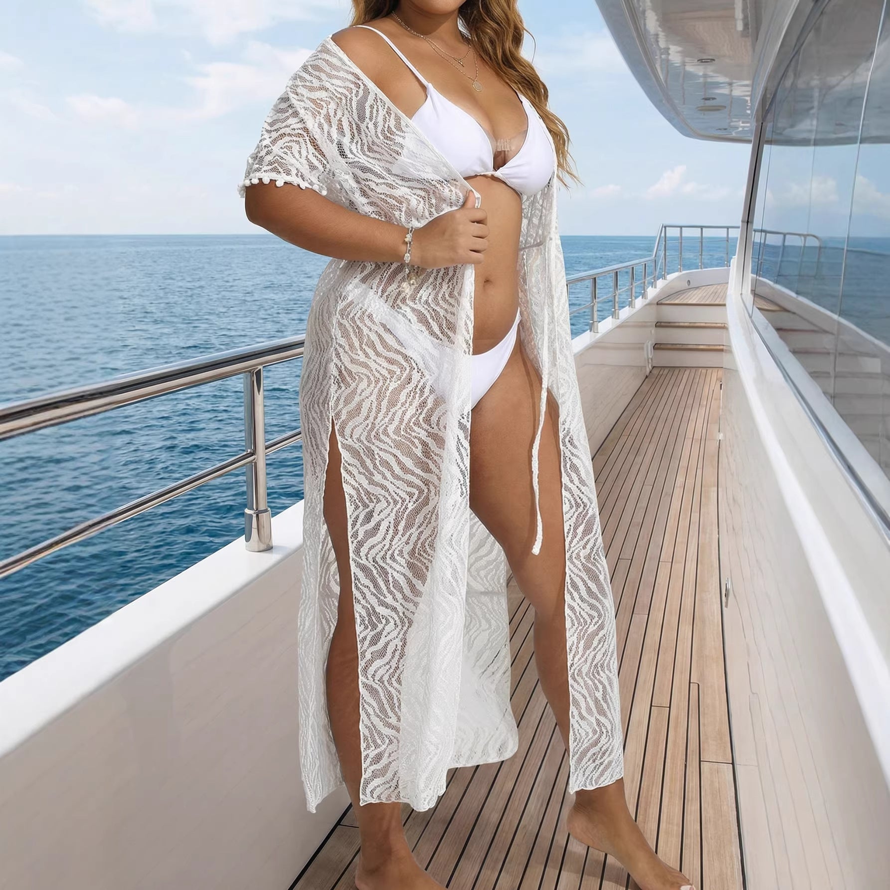 Women Coat Women Clothing Sexy Deep V Plunge See through Lace Waist Trimming Lace up Beach Beach Cover Up Split