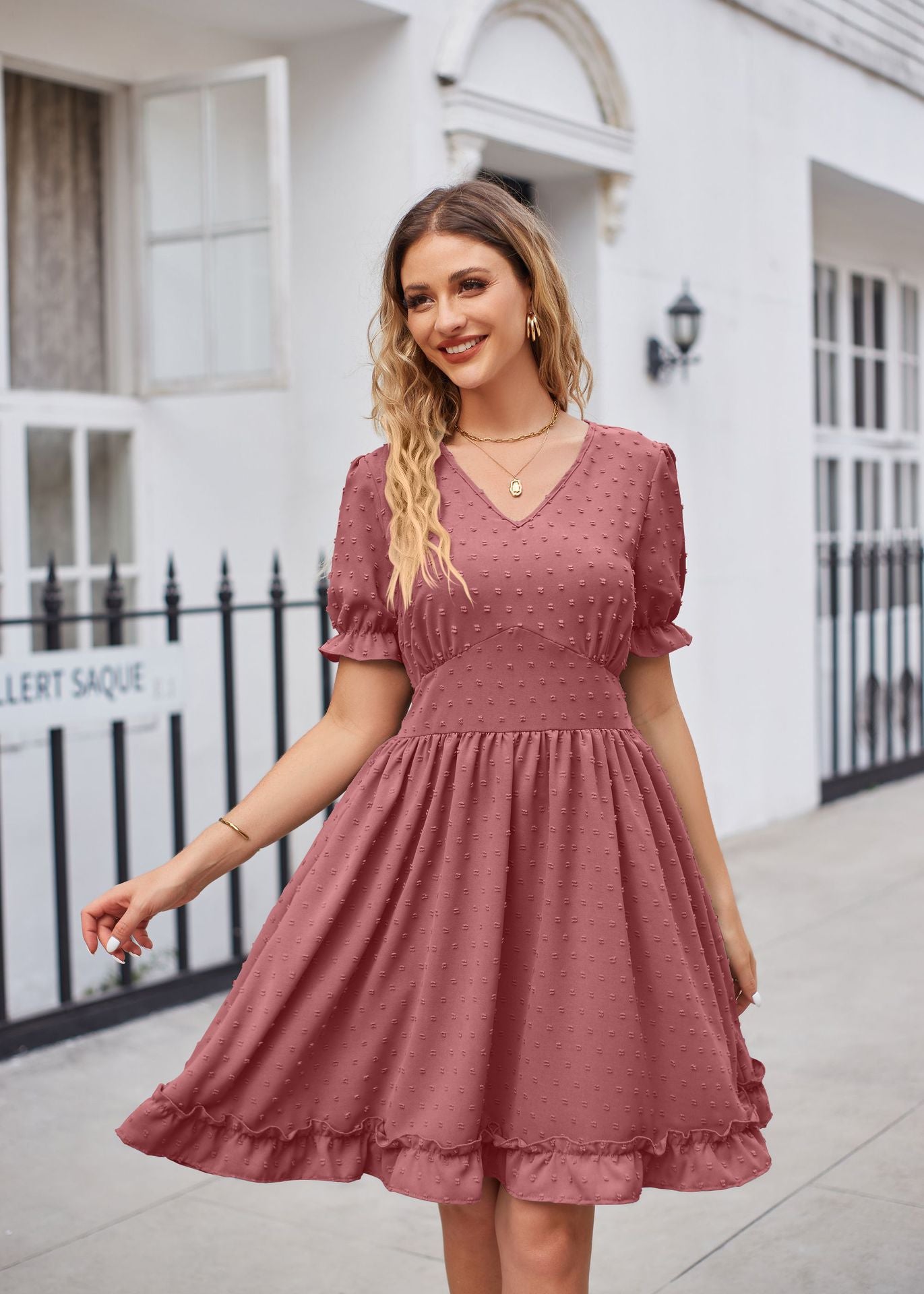 Summer Women Clothing Jacquard V neck Tight Waist Beach Elegant Dress