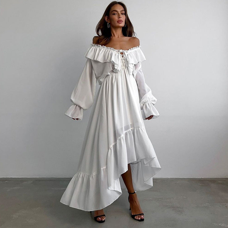 Vestido de gasa con cuello en V, mangas acampanadas y cordón, diseño asimétrico, vestido blanco informal largo de corte A