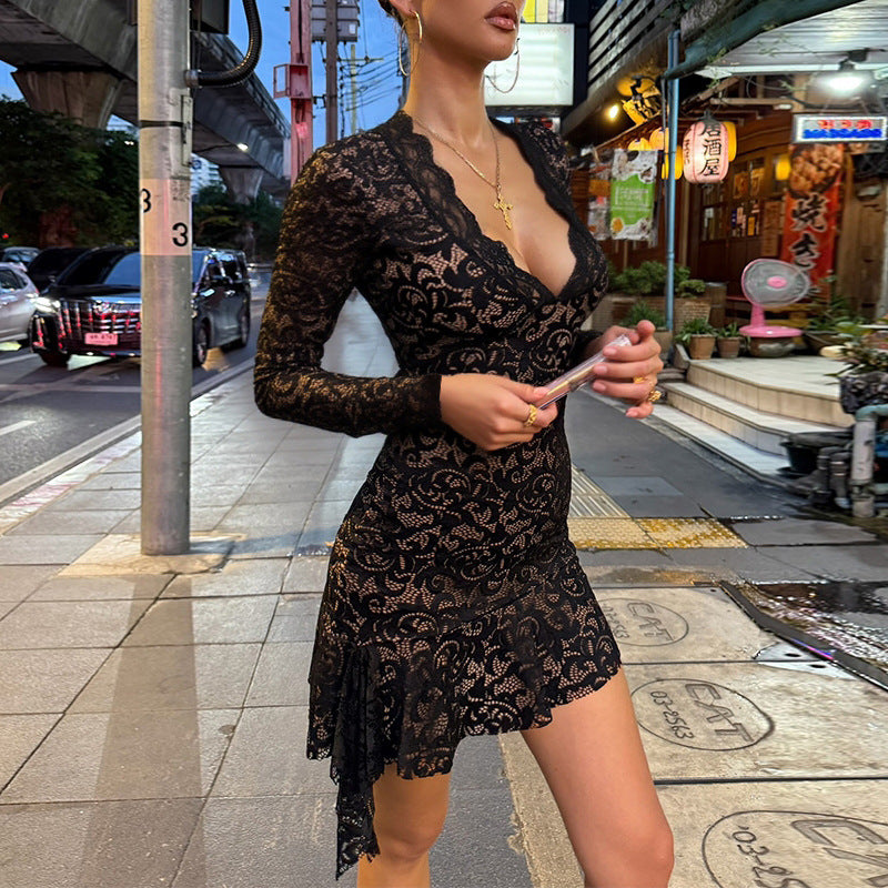 Vestido de otoño para mujer adulta, sexy, con encaje a la cadera, manga larga, dobladillo asimétrico irregular, escote en V profundo