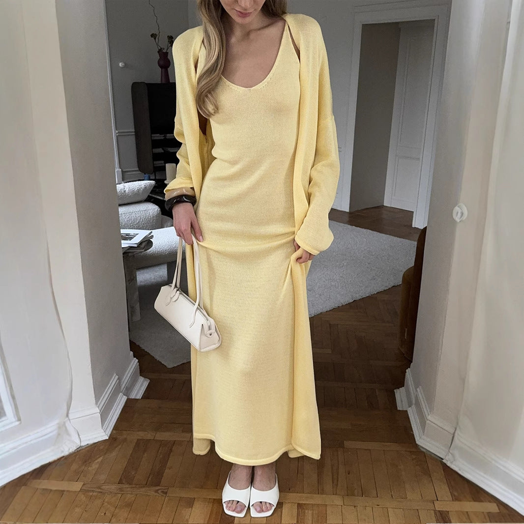 Knitted Hollow Out Cutout Vest Long Dresses Long Sleeve Cardigan Suit Women Soft Knitted Blouse
