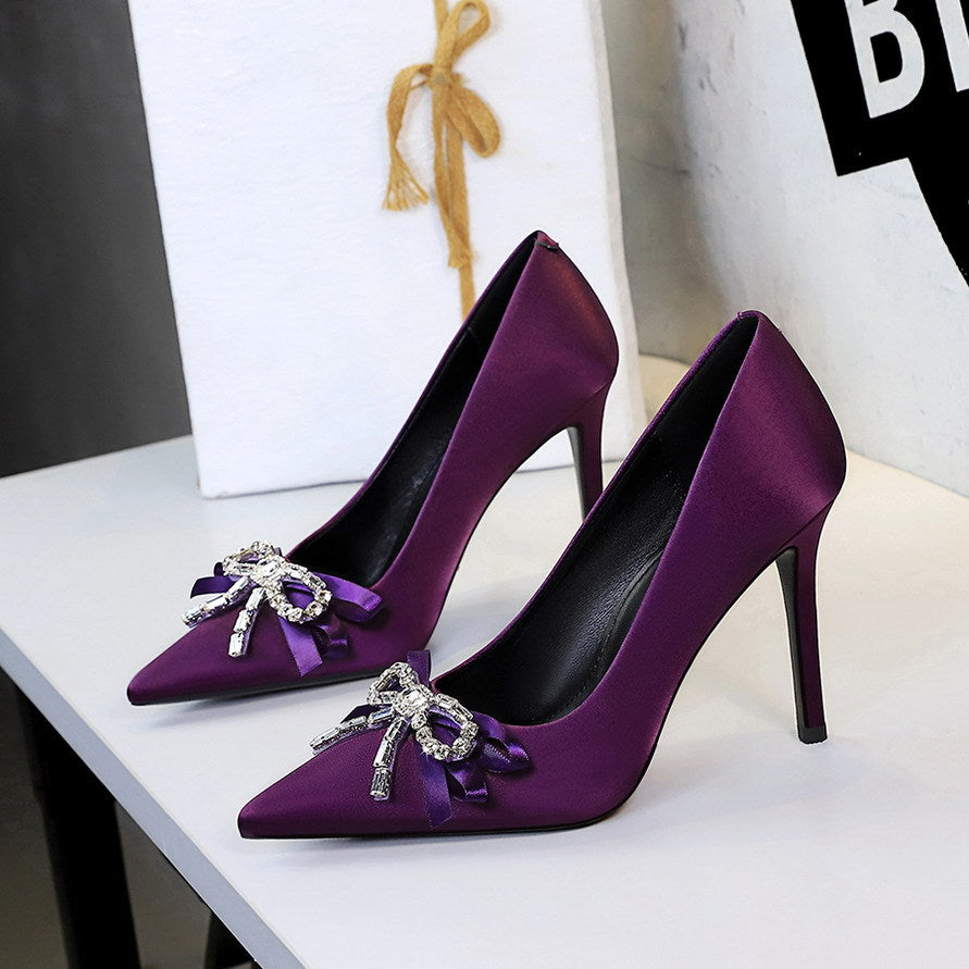 French Beautiful Rhinestone Ribbon Bow Super High Heel Slip on Satin Stiletto Heel Pumps Women