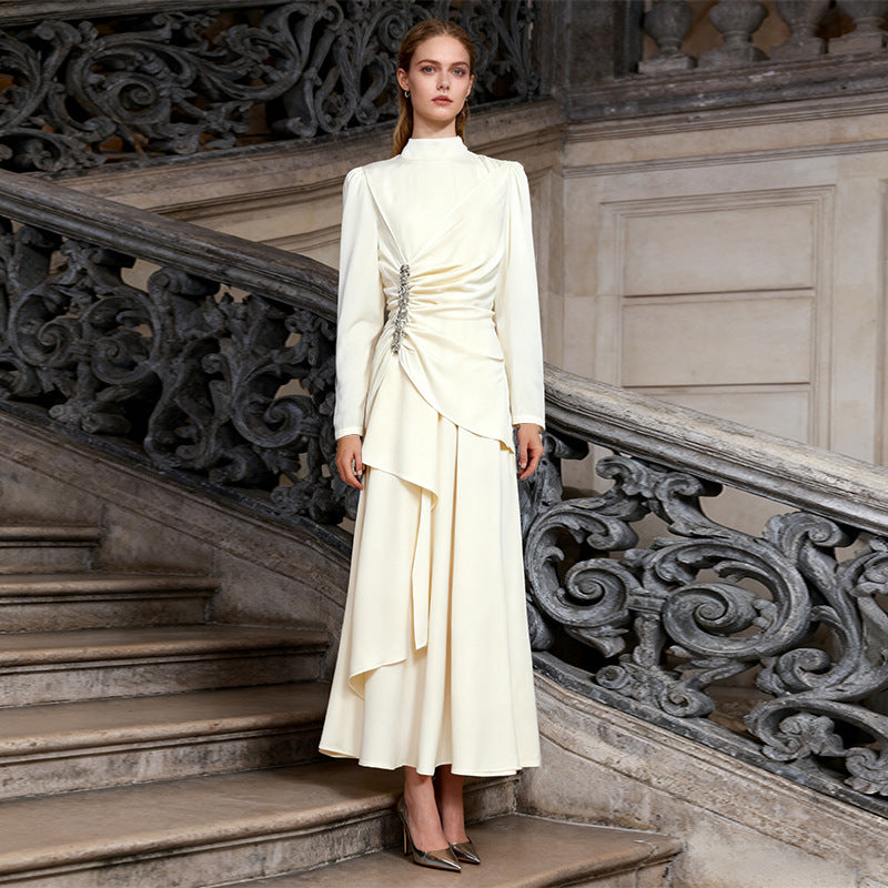 Elegante vestido formal de lujo ligero de palacio para mujer, ropa de otoño, vestido plisado de manga larga de color sólido con diamantes