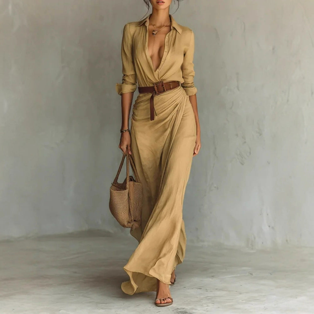 Robe asymétrique plissée élégante et gracieuse de couleur unie avec ceinture pour femme - Collection automne