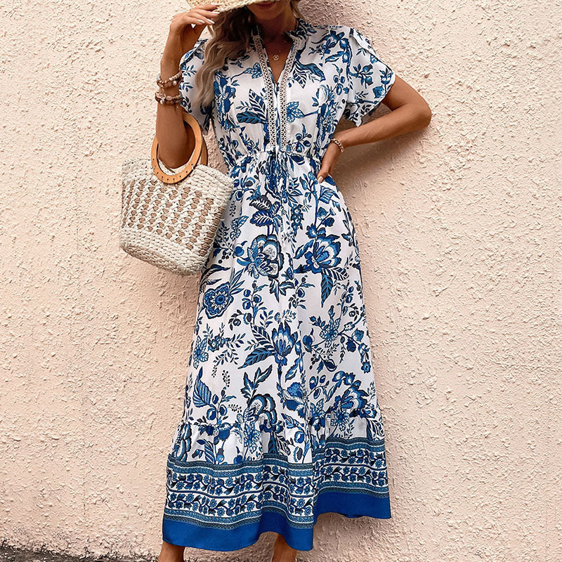 Robe d'été imprimée bleue amincissante pour femme