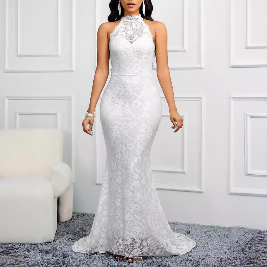 Spring Backless Solid Color Trailing Elegant Slim Party Women Evening Dress