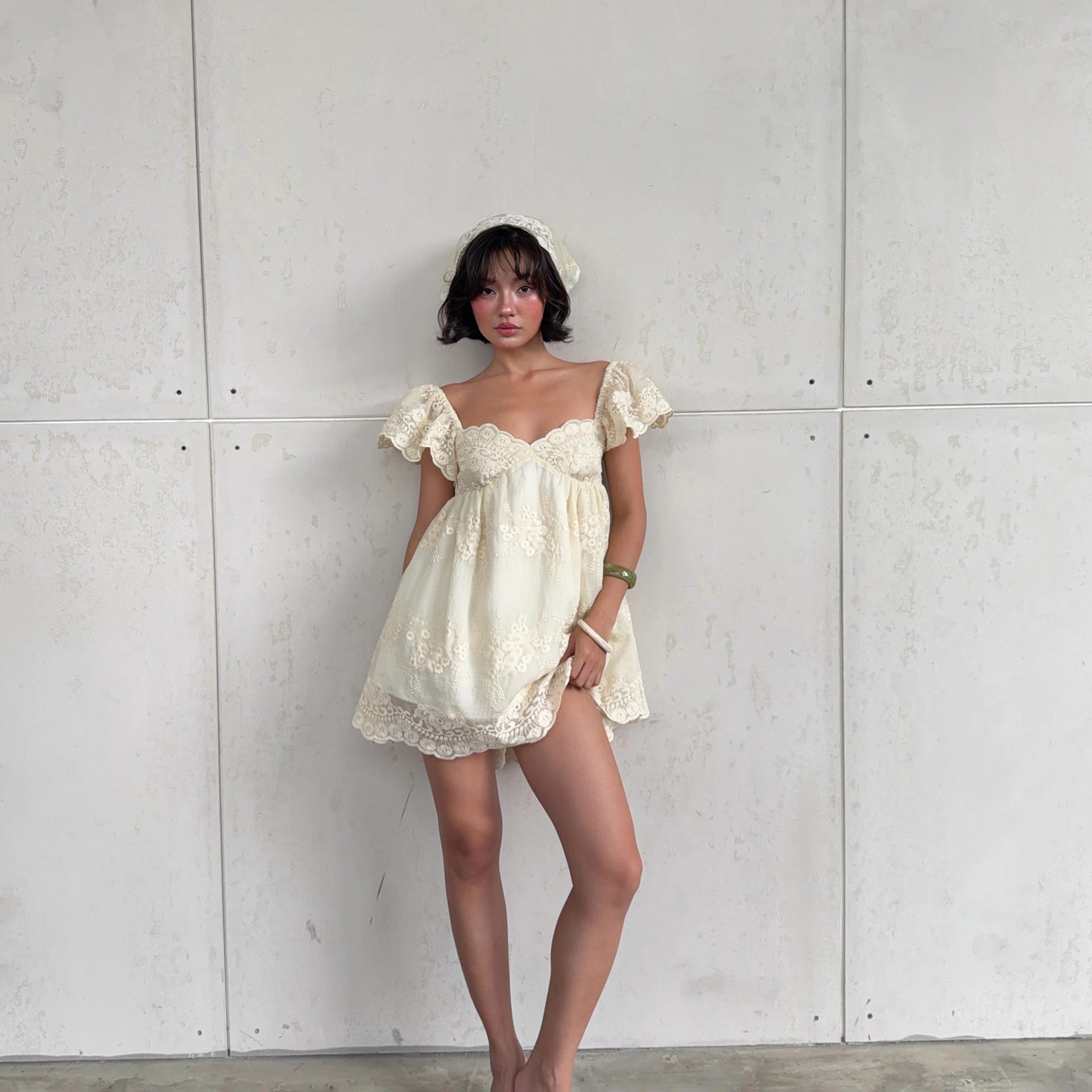 Women Clothing Summer Lace Embroidered Loose Puff Sleeves Sweet Elegance Dress