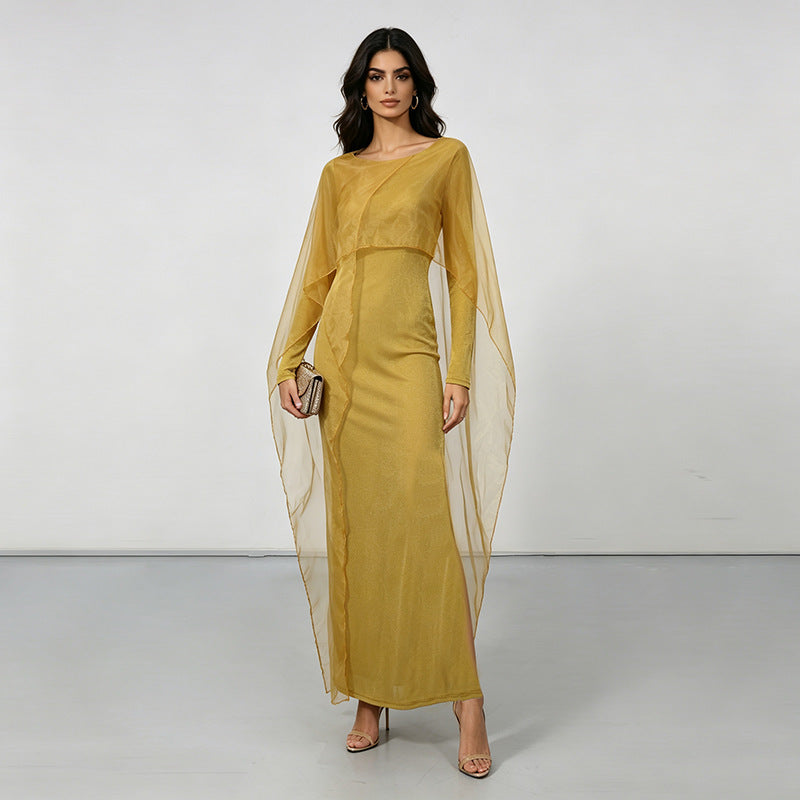 Elegant Graceful Dress Autumn Niche round Neck Mesh Stitching Solid Color High Waist Maxi Dress