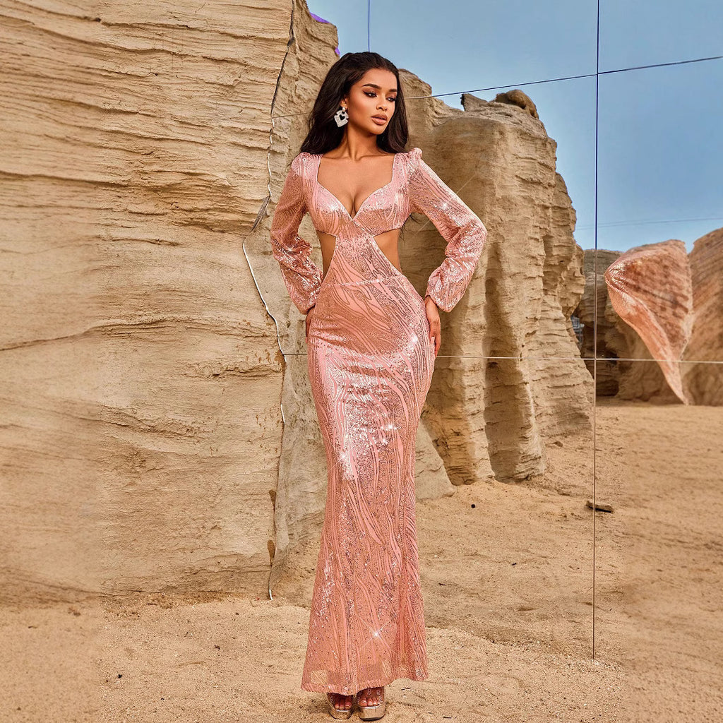 Robe de soirée femme manches longues, col V, dos nu sexy, robe longue à sequins