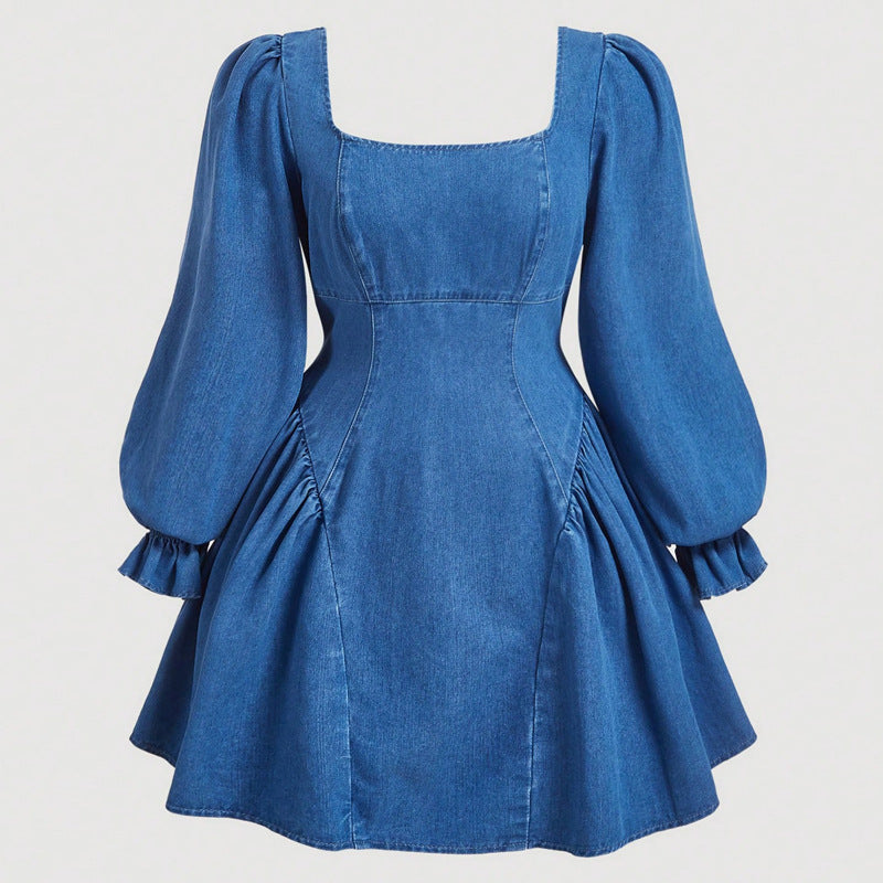Vestido adelgazante francés de manga larga con cintura controlada y dobladillo grande para mujer