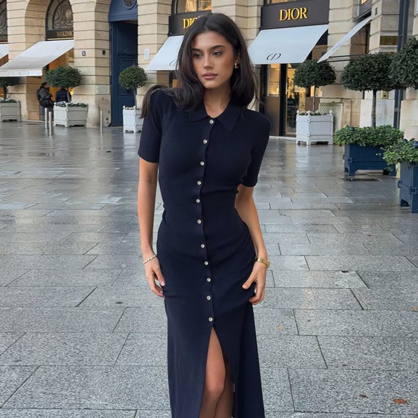 Vestido elegante básico de punto de color liso con cuello polo y manga corta para mujer