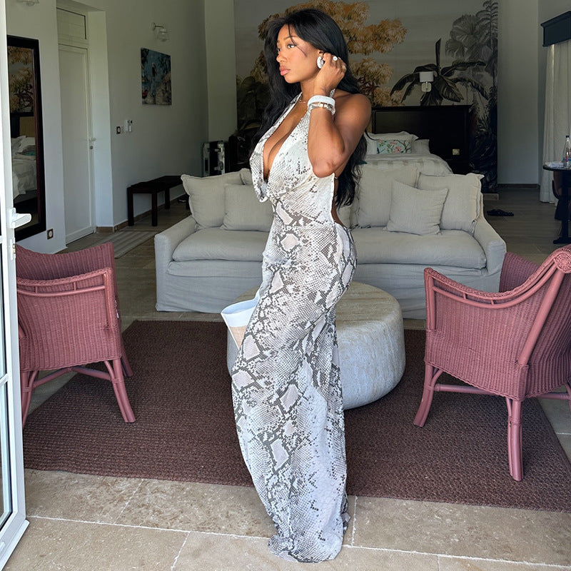 Gray White Printing Women Halter Swing Collar Hip Waist Controlled Low Cut Long Dress