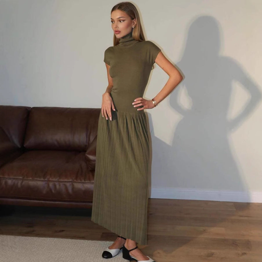Robe tricotée décontractée, cintrée à la taille haute, col montant, côtelée, plissée, coupe slim, robe tricotée femme