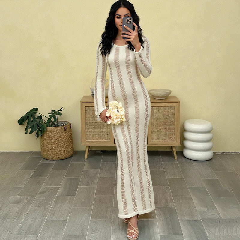 Robe d'automne sexy à dos nu et coupe ajustée, en maille, manches longues, pour femme