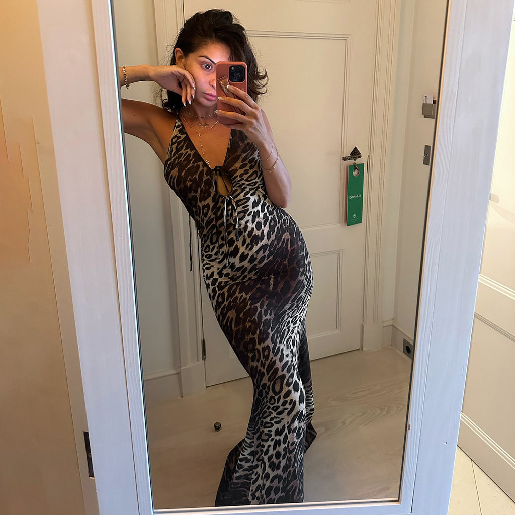 Robe de soirée sexy imprimée léopard dos nu à col halter noué en V