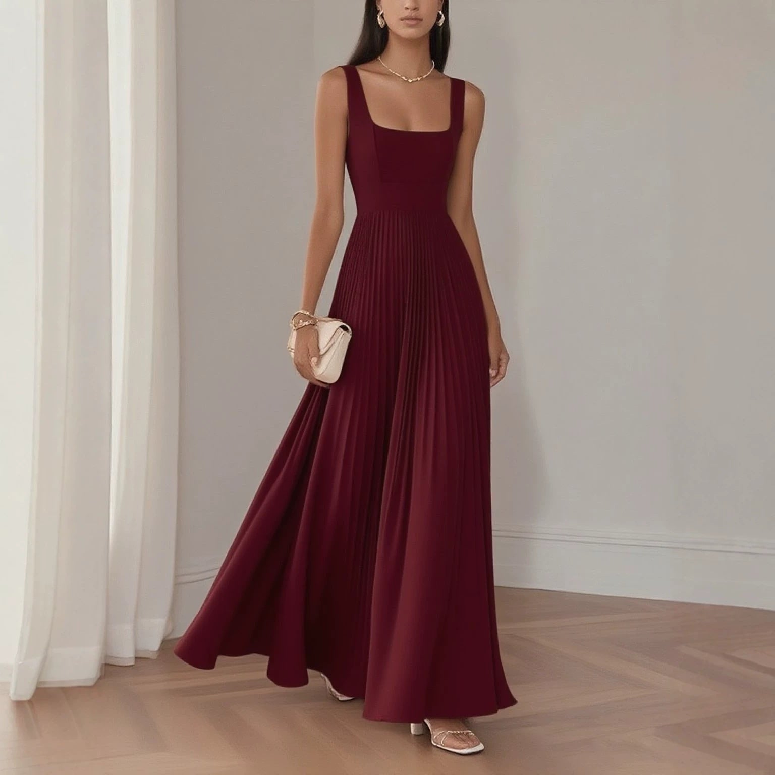Women Clothing I Dress Elegant Pleated Maxi Dress Elegant Slim Sleeveless Dress