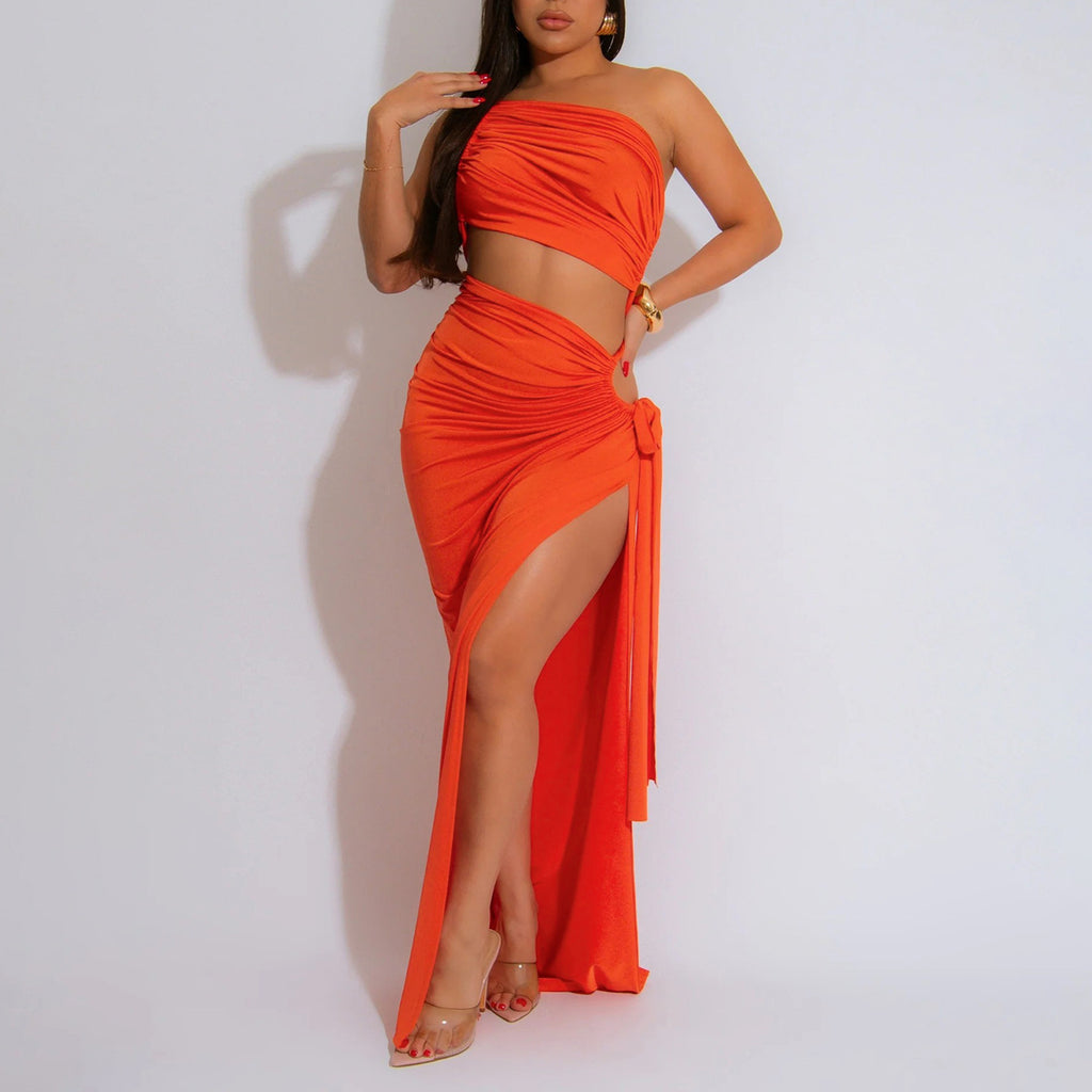 Supply Women Wear Solid Color Diagonal Collar Sexy Tube Top Split Dress