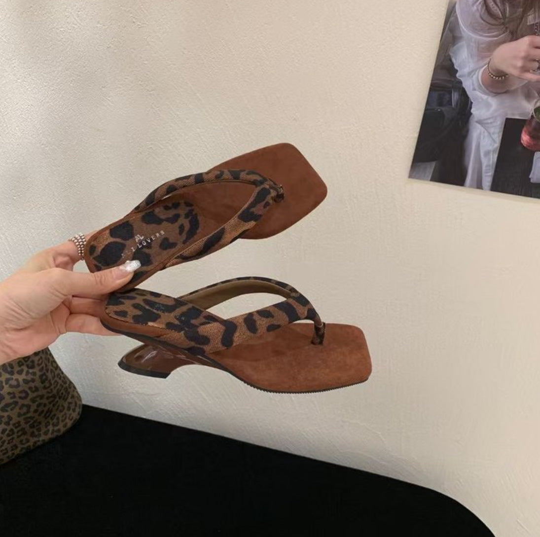 Leopard Print Wedge Toe Square Toe Slippers Women Niche Profiled Heel with Sandals