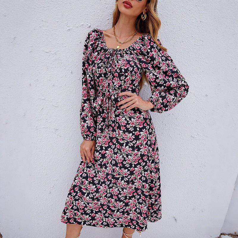 Autumn Elegant Retro Backless Bubble Sleeve Square Collar Floral Dress