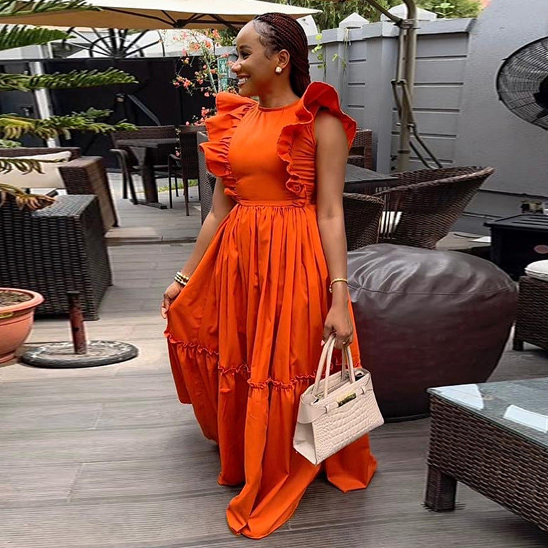 Women Clothing Summer Elegant Ruffle Short Sleeve Round Neck Waist Trimming Long Large Hem Dress