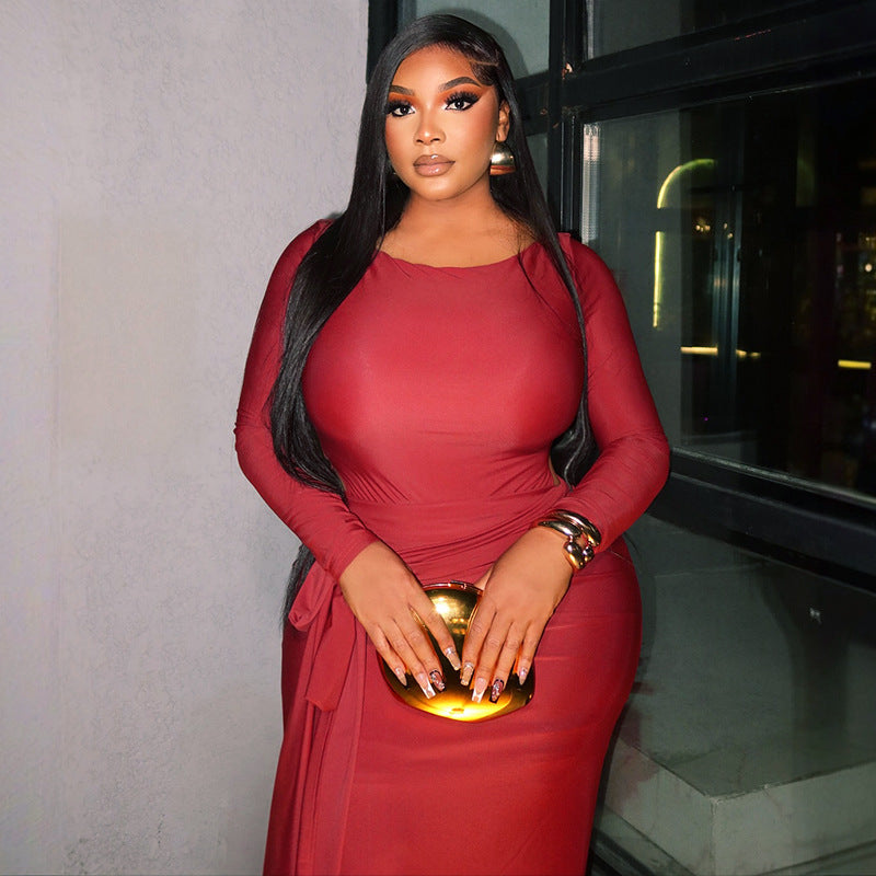 Arrival Lace up Slimming Pleated round Neck Dress Solid Color Tight Long Sleeve Tight Waist Hip Dress