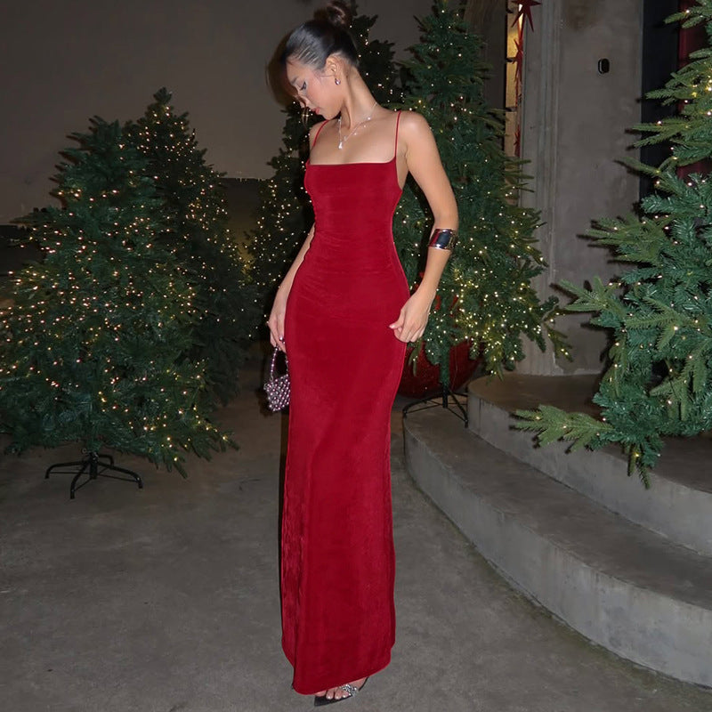 Robe d'été élégante et sexy à bretelles spaghetti, dos nu et taille cintrée, pour femme