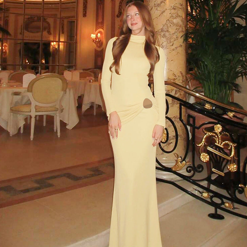 Robe sirène plissée à manches longues en daim uni couleur unie, collection automne.