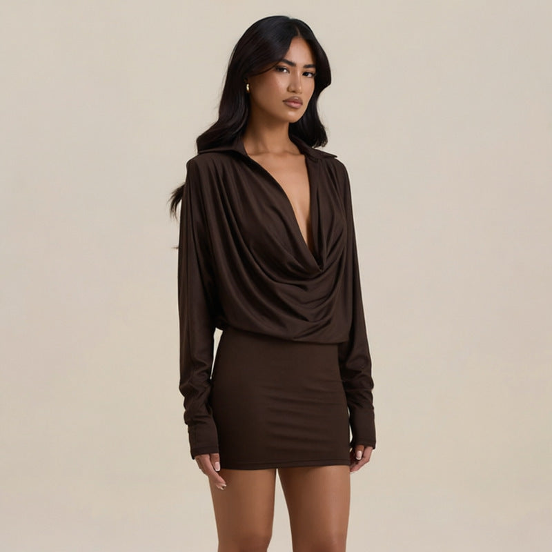 Women Clothing Autumn Winter Solid Color Casual Swing Collar Long Sleeve Slim Mini Pleated Short Dress