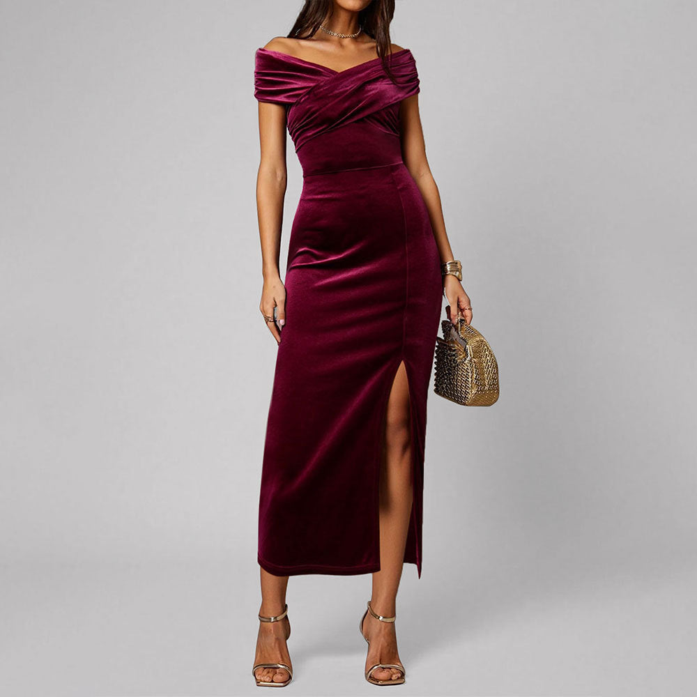Vestido ajustado de terciopelo dorado para mujer, escote en V cruzado, hombros descubiertos, abertura larga