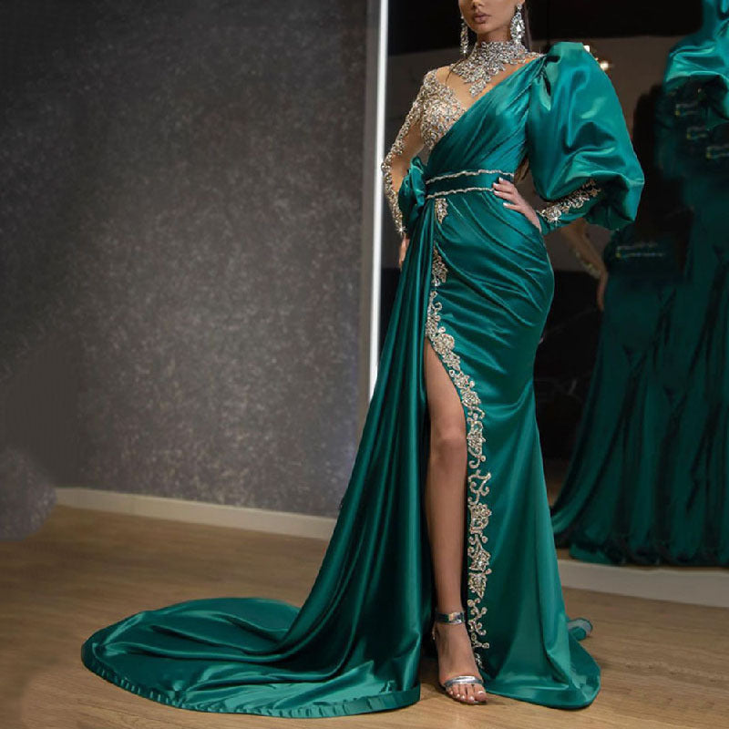 Cocktail Fishtail Gold Dress Host Stage Performance Model Small Trailing Slim Fit Elegant Evening Dress