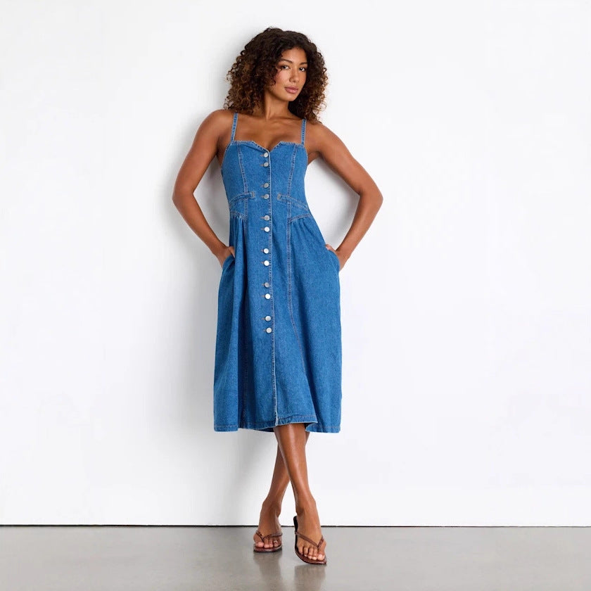 Vestido de verano retro con cuello en V y tirantes vaqueros para mujer