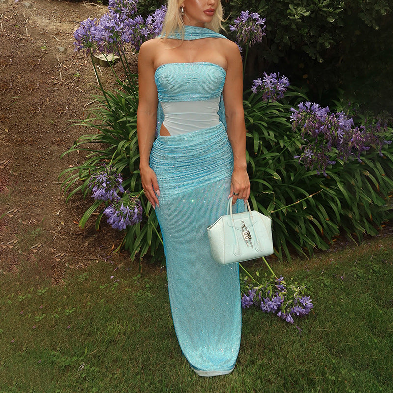Robe bustier brillante style rétro automne, coupe slim